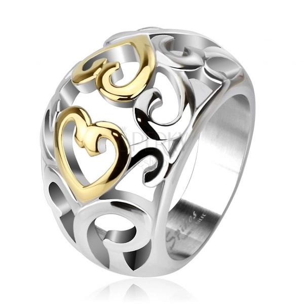 Stalowy pierścionek z wycinanym ornamentem, złoto-srebrny