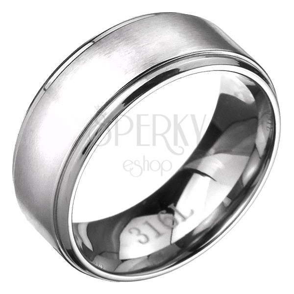 Pierścień ze stali - obrączka z matowym srebrnym pasem, lśniące krawędzie