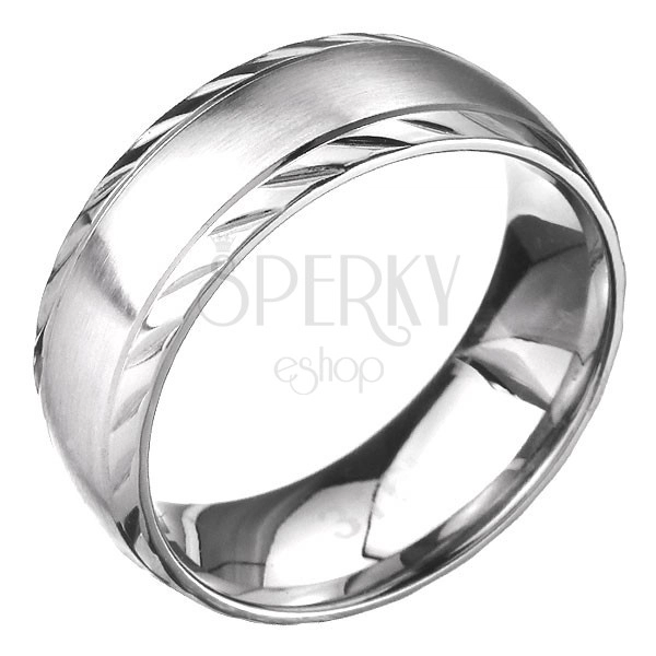 Stalowy pierścień - obrączka z matowym pasem środkowym i rowkami