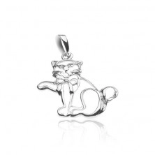Srebrny wisiorek 925 - postać machającego kota z kokardką