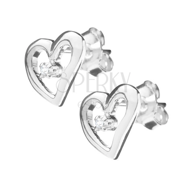Srebrne kolczyki 925 - kontury asymetrycznego serca z cyrkonią
