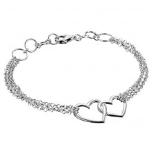 Srebrna bransoletka 925 - dwa nieregularne kontury serc, potrójny łańcuszek