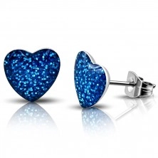 Stalowe kolczyki - niebieskie błyszczące serce, wkręty