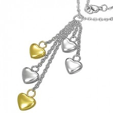 Stalowy naszyjnik - srebrne i złote serca na łańcuszkach
