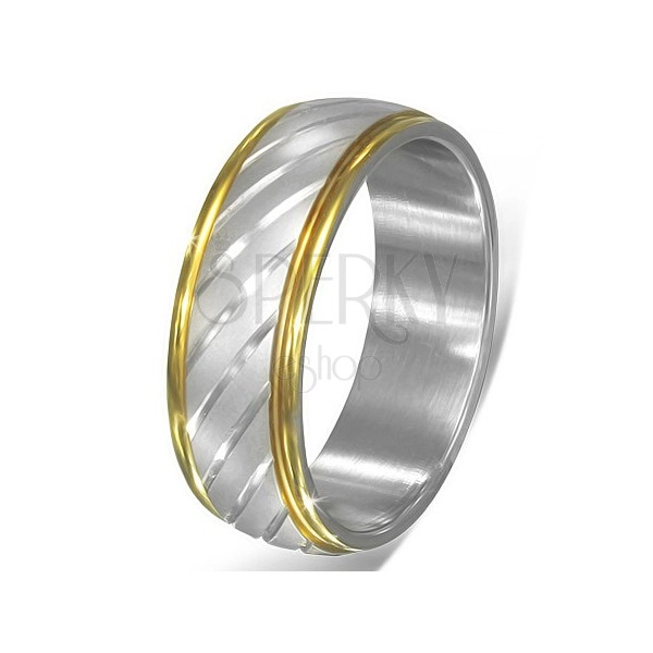 Dwukolorowy stalowy pierścionek - ukośne srebrne paski i złota obwódka
