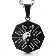 Stalowy wisiorek - czarny z symbolem Yin i Yang z chińskimi znakami