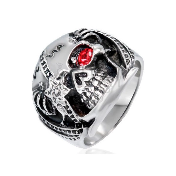 Masywny pierścień ze stali - czaszka wojownika z czerwoną cyrkonią, patyna