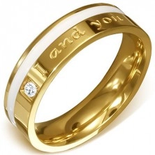 Stalowy pierścionek w kolorze złotym - kamyczek, biały pas i napis "I and you"