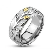 Stalowy pierścionek patynowany ze srebrno-złotymi listkami