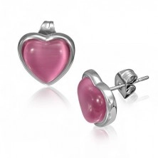 Stalowe kolczyki z różowym kamieniem w kształcie serca w oprawie