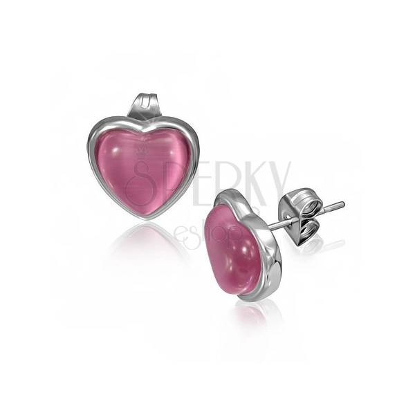 Stalowe kolczyki z różowym kamieniem w kształcie serca w oprawie