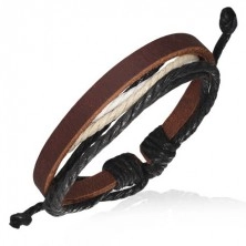 Skórzana bransoletka - ciemnobrązowy pasek z czarnymi i jasnymi sznurkami
