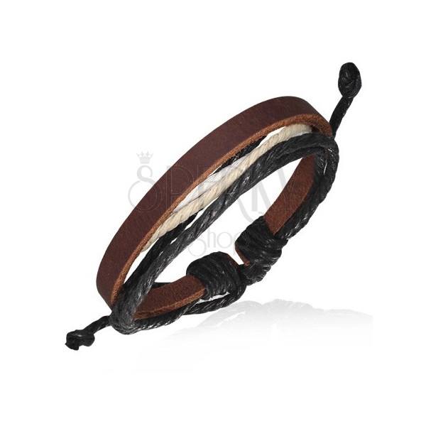 Skórzana bransoletka - ciemnobrązowy pasek z czarnymi i jasnymi sznurkami