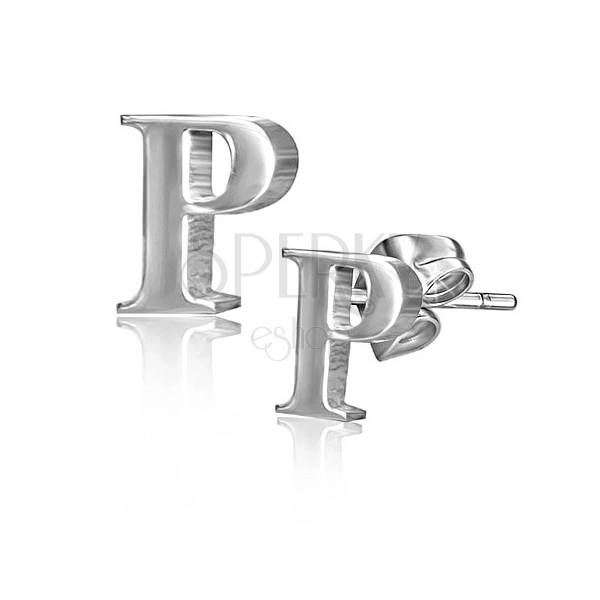 Kolczyki ze stali - lśniąca litera P, wkręty
